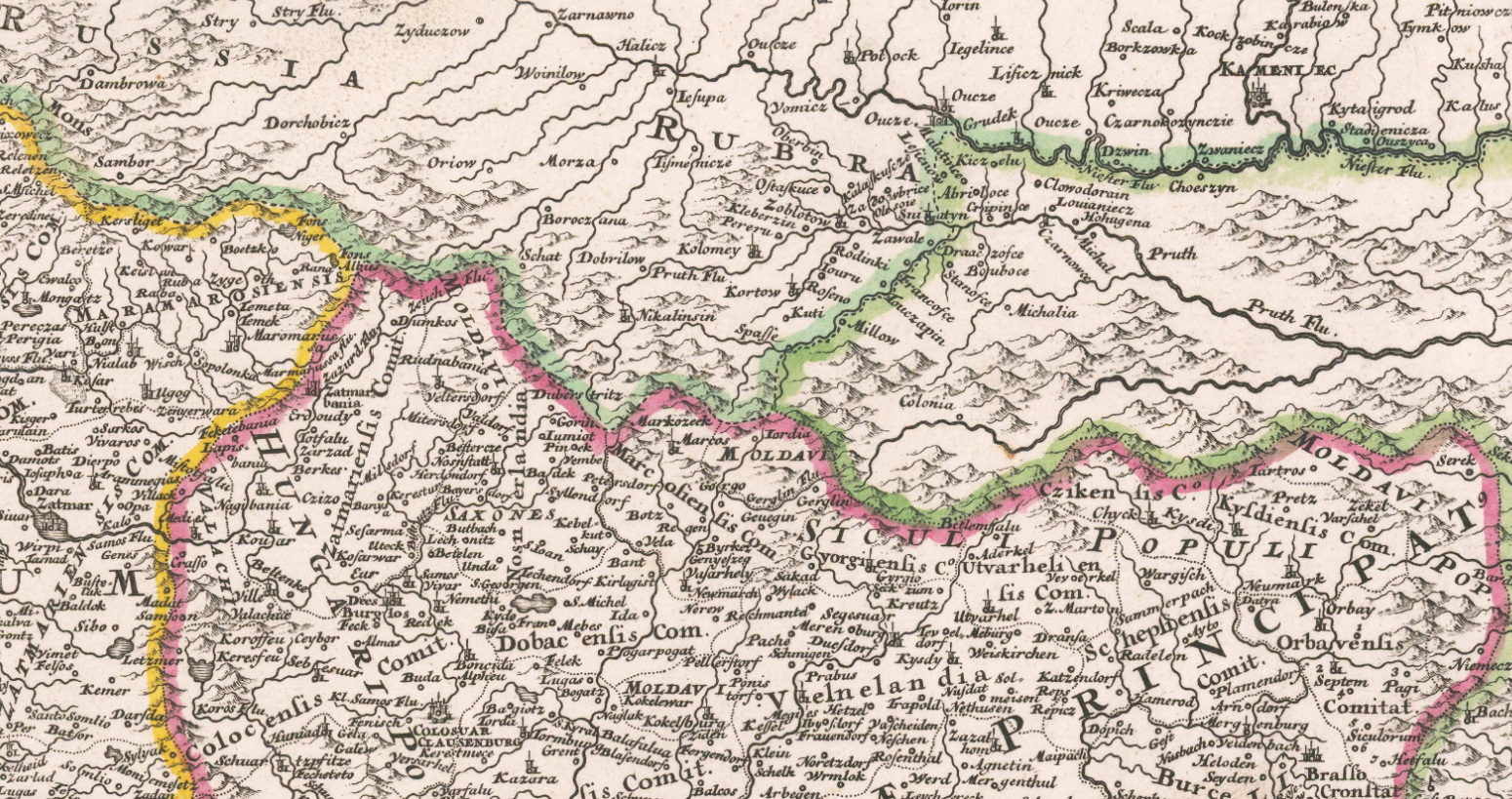 Фрагмент карты Ж.-Б.Гоманна, 1700 г. Срдеи народов Трансильвании отмечены, в т.ч. молдаване