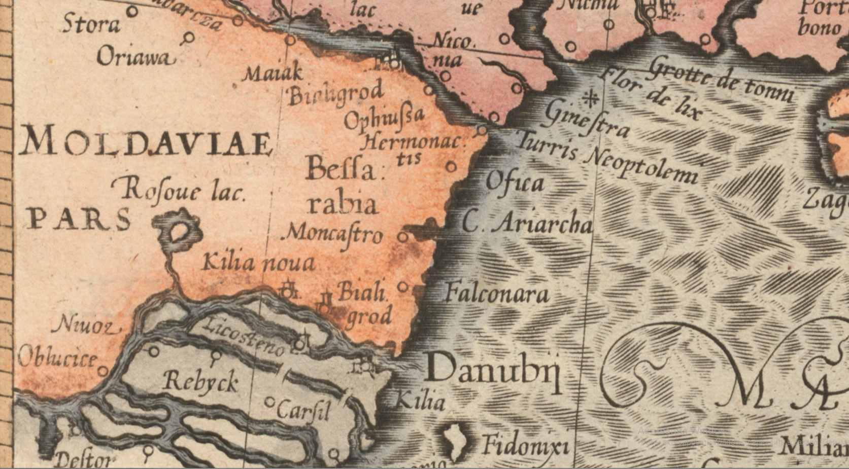 Фрагмент карты 1595 года, где изображена часть Молдавии, Бессарабия с городами в устье Дуная и на Днестре.